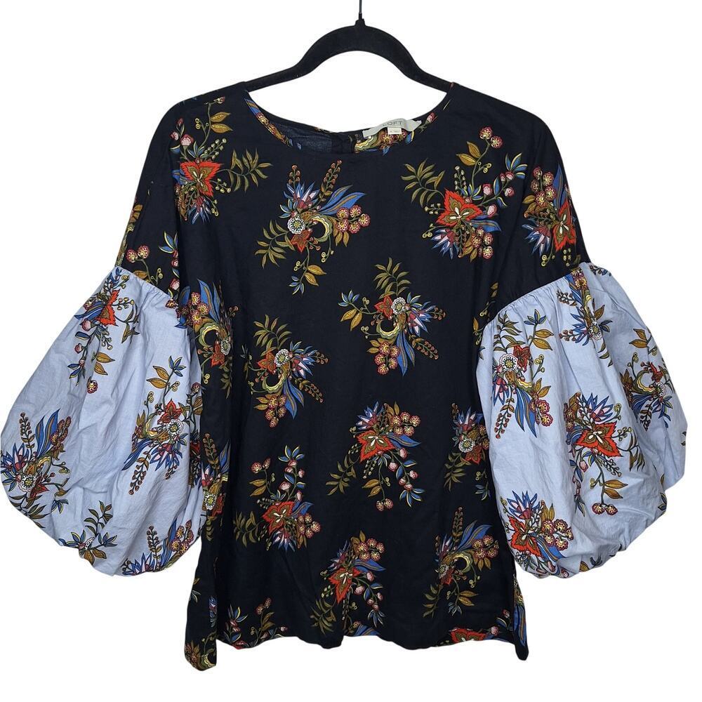 Loft Peasant Top Medium Puff Sleeve Cotton Cottagecore Boho Floral Botanical
